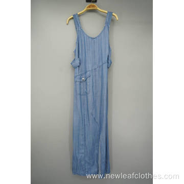 Summer Adjustable Strap Slit Long Denim Dress